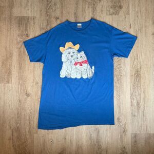Vintage CMS CASUALS Dog Cat Graphic T-Shirt Blue One Size Cowboy Bandana Tee